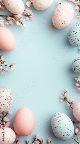 Frame of light colored Easter eggs and flowers against a teal background. Minimalist Easter background with negative space for advertisement placement. photo