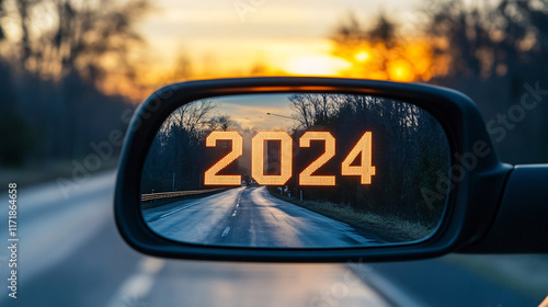 A rearview mirror reflecting the year 2024 on an open road with a warm golden sunset symbolizing looking back on the past and moving forward  
