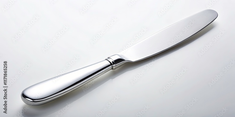Polished silver butter knife, pristine white background stock photo. Ideal for elegant food photography. Polished silver butter knife, pristine white background stock photo. Ideal for elegant food photography.