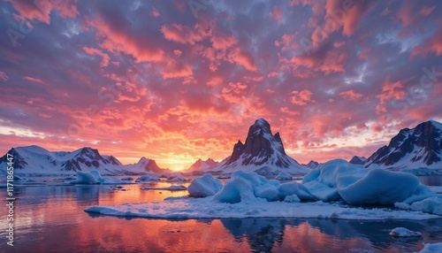  A dramatic sunset over the Antarctic Peninsula. Icebergs glowing orange and pink under the fading light. Reflective waters and serene, untouched landscape.  Iconic and breathtaking destination.