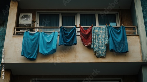 Colorful laundry hanging on balcony rail, drying clothes in urban environment with air conditioning unit, household chores concept photo