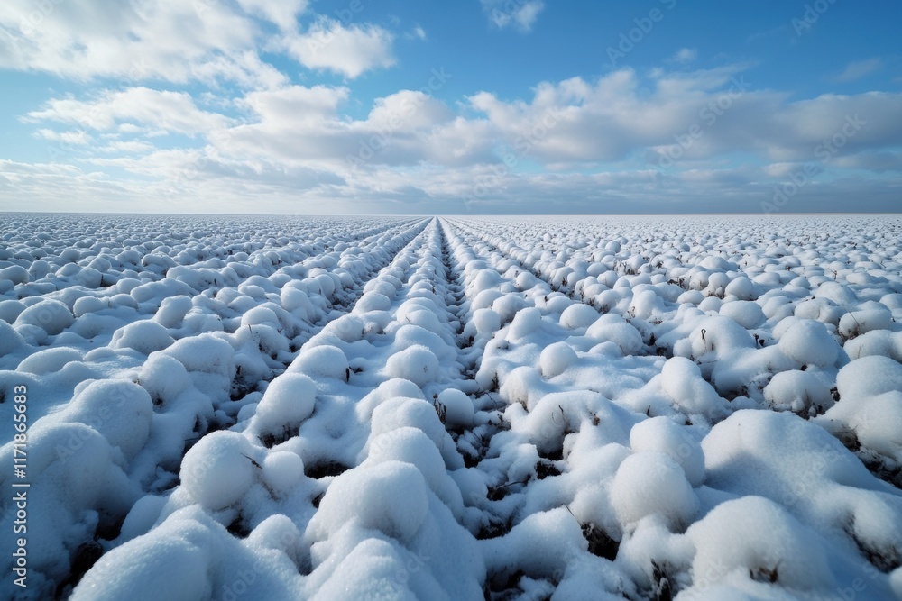 Fototapeta premium Snow-covered agricultural fields stretching under bright sky, highlighting environmental conservation concept