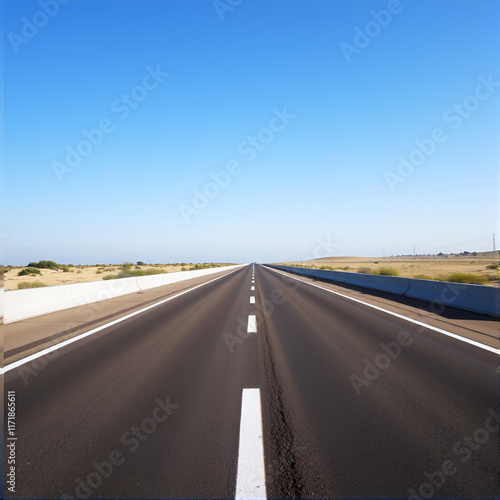 A straight asphalt road featuring white lane markings stretches into the distance under a clear sky, ideal for driving or cycling photo