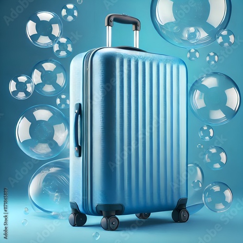 Stylish fashionable blue travel suitcase looks elegant on a bright blue background, creates a sense of minimalism and modernity, the concept of travel