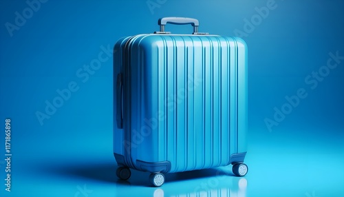 Stylish fashionable blue travel suitcase looks elegant on a bright blue background, creates a sense of minimalism and modernity, the concept of travel