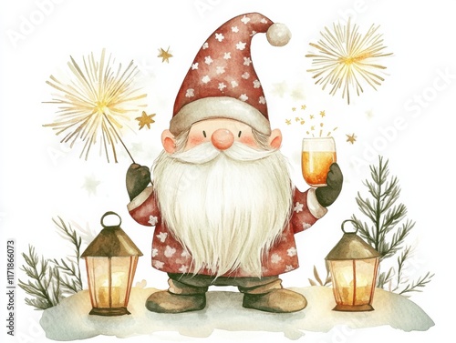 Whimsical watercolor celebration scene with santa holding lanterns and fireworks for festive cheer photo