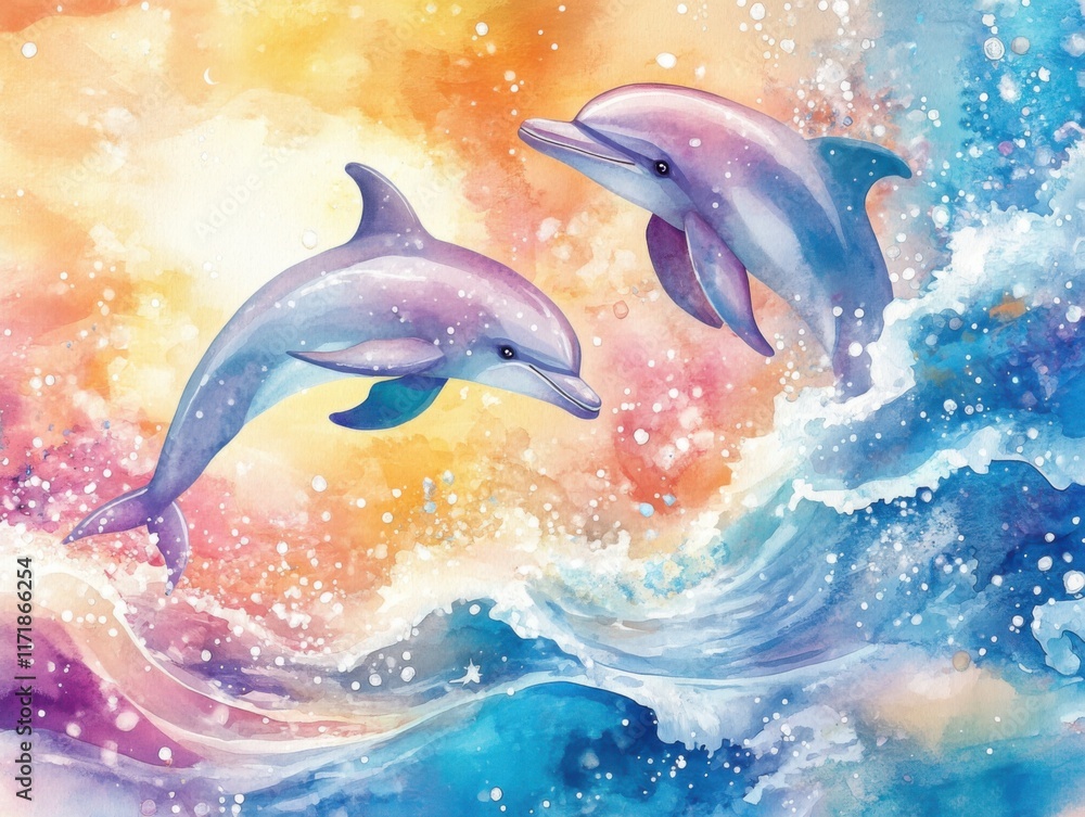 Fototapeta premium Whimsical watercolor dolphins leaping through ocean waves at sunset