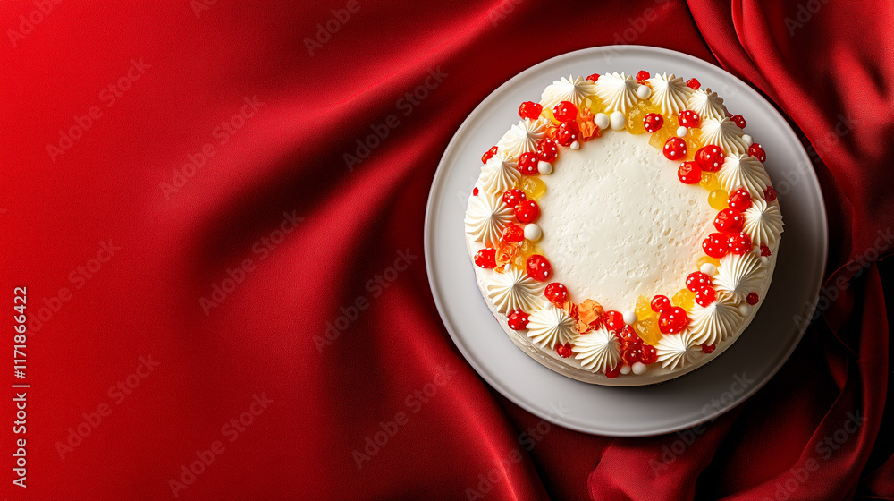 Decorative Cake on Red Silk Fabric Background with Floral Cream Toppings, Perfect for Celebrations, Parties, Weddings, or Elegant Dessert Presentation Decorative Cake on Red Silk Fabric Background with Floral Cream Toppings, Perfect for Celebrations, Parties, Weddings, or Elegant Dessert Presentation