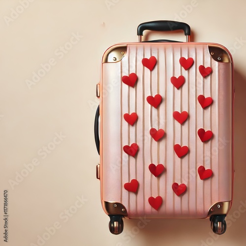 Stylish fashionable pink travel suitcase looks elegant on a delicate beige background, creates a sense of minimalism and modernity, the concept of travel