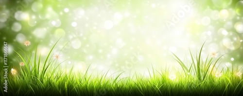 A serene spring garden with green foliage as the backdrop and blurred bokeh elements