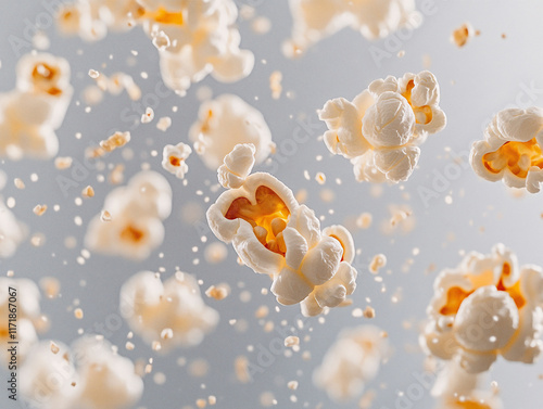 Floating Popcorn Kernels in Mid-Air Against a Soft Blue Background photo