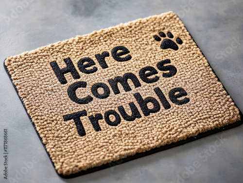 Doormat with Here Comes Trouble Text and Paw Prints on a Sunny Doorstep photo