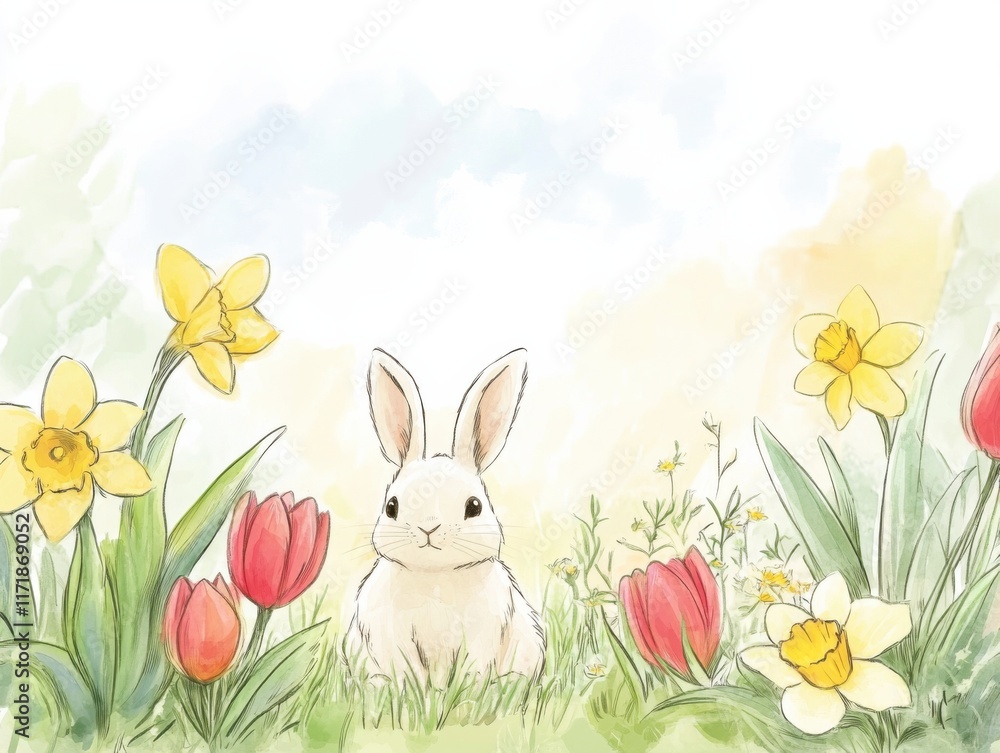 Fototapeta premium Whimsical watercolor illustration of cheerful spring bunny in a blooming garden setting