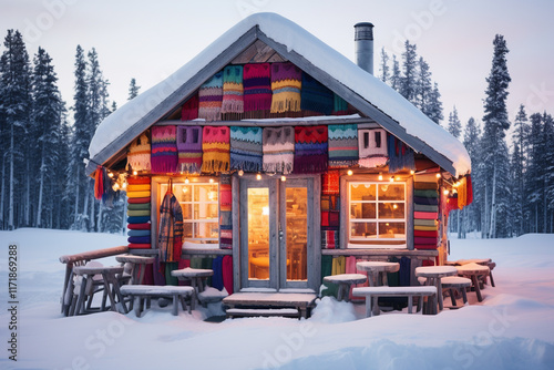 A winter cabin, nestled amidst a snowy landscape, beckons with its cozy embrace, shielding its inhabitants from frigid world outside, and enveloping them in a haven of warmth and camaraderie photo