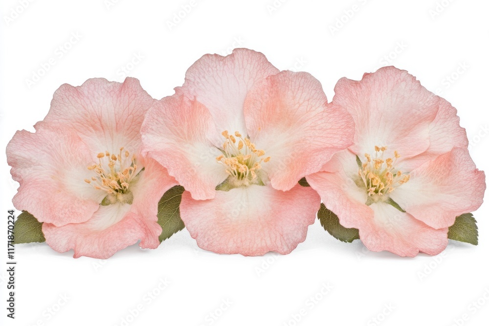 Close-up of bright pink cherry tree flowers on a white isolated background