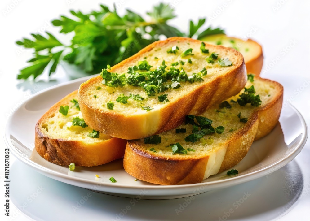 Sunlit garlic bread, minimalist morning meal. Pure white plate, perfect start. Sunlit garlic bread, minimalist morning meal. Pure white plate, perfect start.