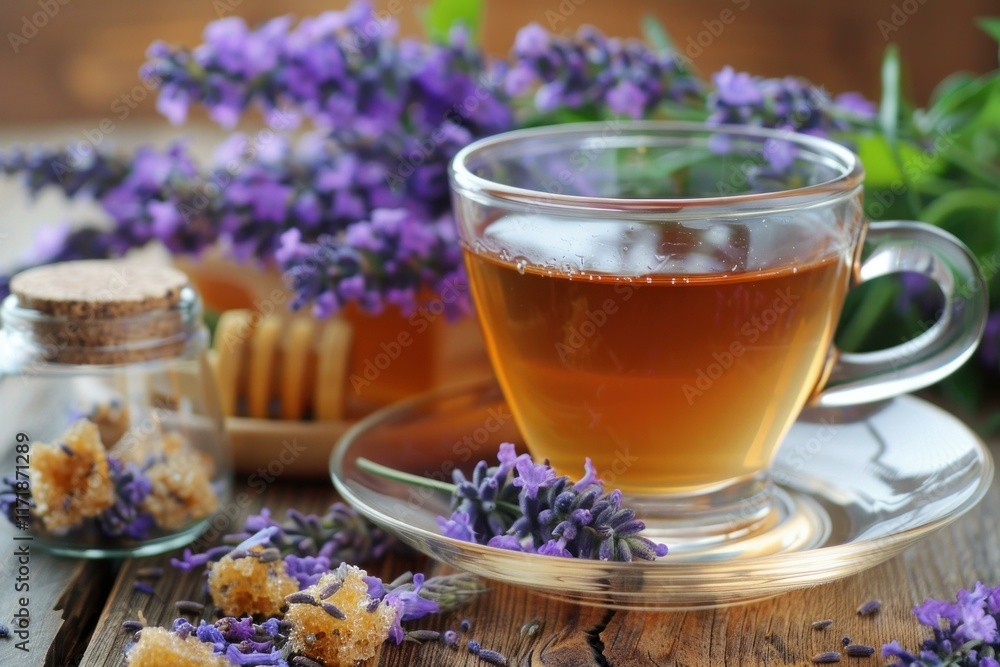 Steaming lavender tea sits on a rustic wooden table, accompanied by honey, brown sugar cubes, and fresh lavender sprigs, creating a tranquil and aromatic scene Steaming lavender tea sits on a rustic wooden table, accompanied by honey, brown sugar cubes, and fresh lavender sprigs, creating a tranquil and aromatic scene