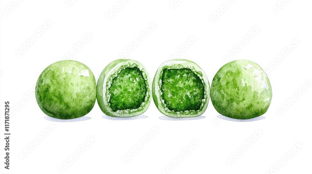 A visual of green mochi, showcasing the outer layer and revealing a vibrant green filling. A visual of green mochi, showcasing the outer layer and revealing a vibrant green filling.