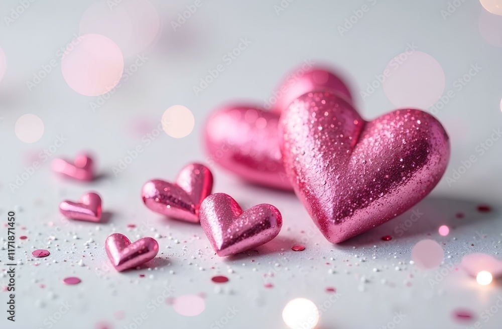 Obraz premium Pink glitter hearts of different sizes on a white glitter background with gray bokeh