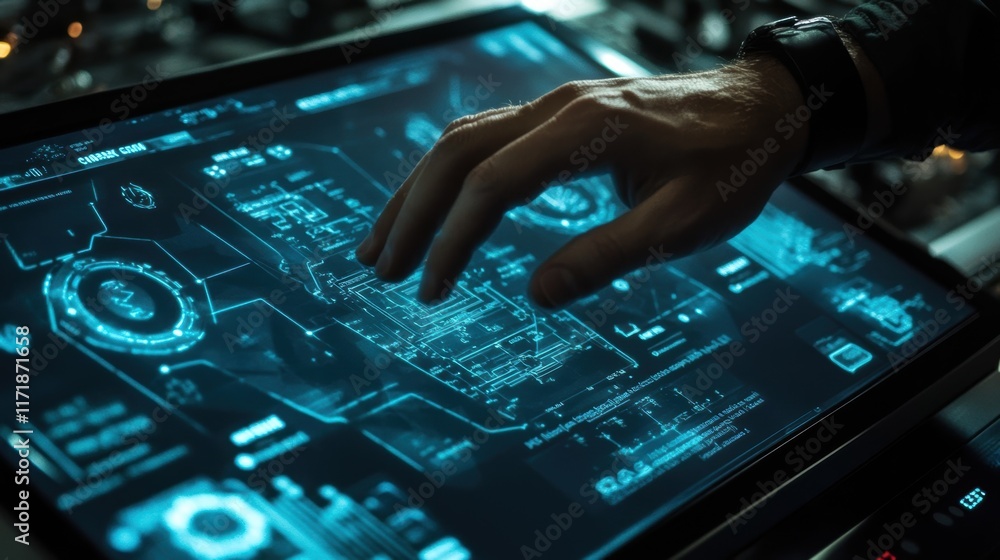 Fototapeta premium Engineer using a futuristic, interactive touchscreen interface displaying complex digital data and information, showcasing advanced technology and innovation