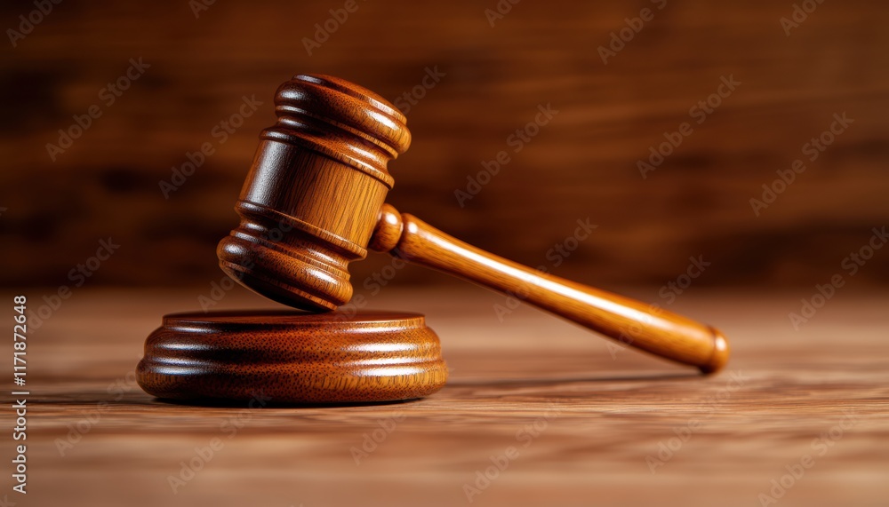 A wooden gavel is on a wooden surface A wooden gavel is on a wooden surface