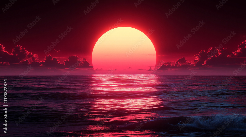 Hyperrealistic red sunset sky glowing with vivid hues blending seamlessly symbolizing passion serenity and the transition between day and night evoking wonder and a deep connection to nature
