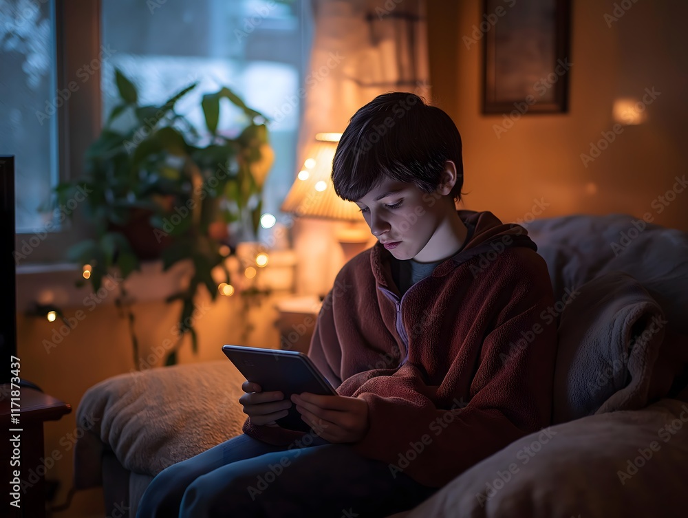 A young man with Asperger's syndrome uses a tablet while sitting in a cozy room A young man with Asperger's syndrome uses a tablet while sitting in a cozy room