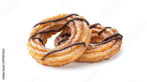 Two churros coated in sugar and drizzled with chocolate. photo