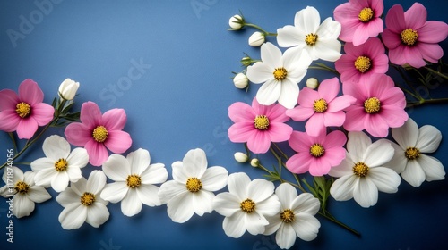 A vibrant display of pink and white flowers against a blue backdrop for a spring celebration