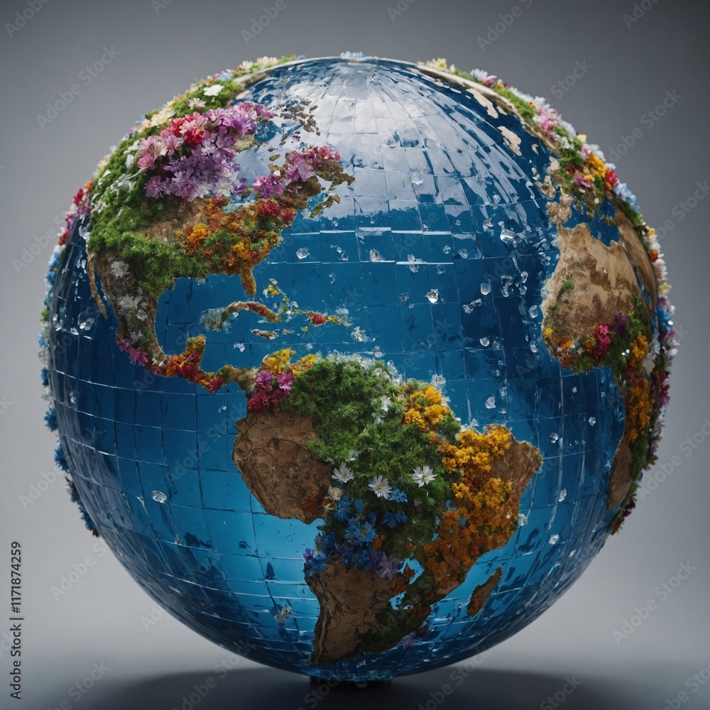 Fototapeta premium A globe with continents shaped like crystal flowers.