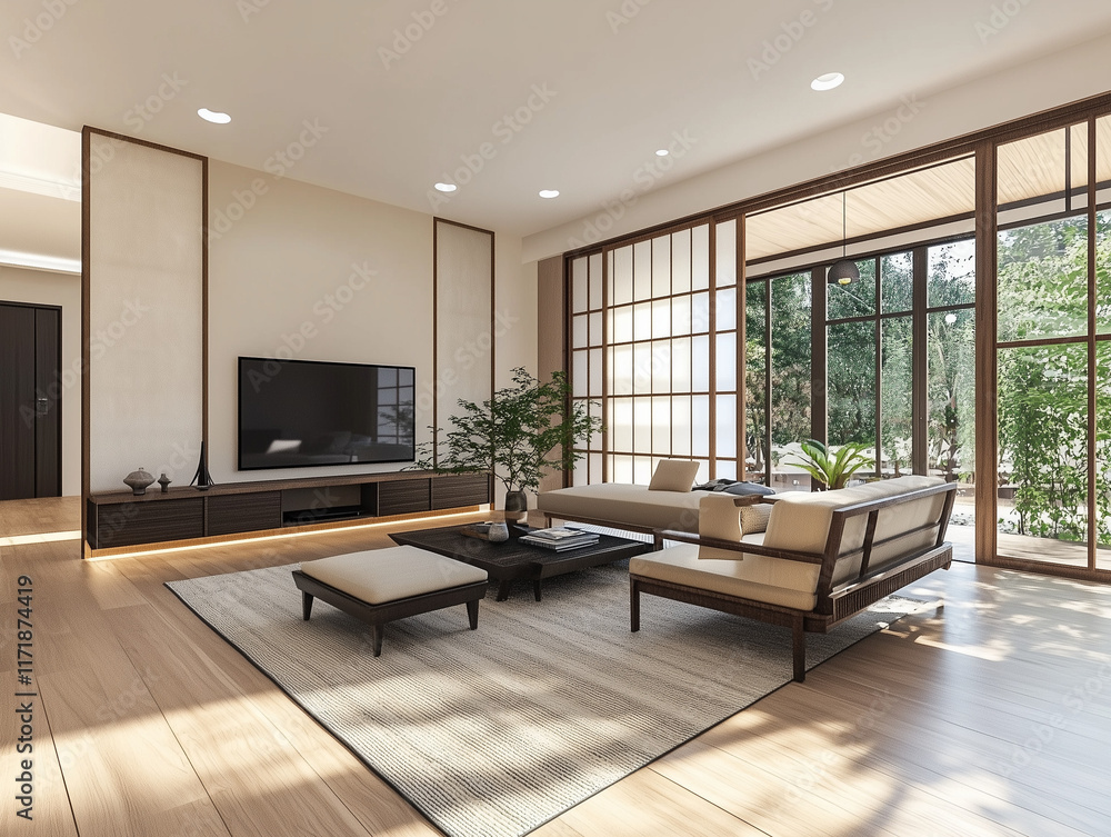 Fototapeta premium A modern home's living room features a Japanese-inspired interior design with minimalist furniture, shoji screens, and traditional tatami mats, creating a serene and harmonious space 