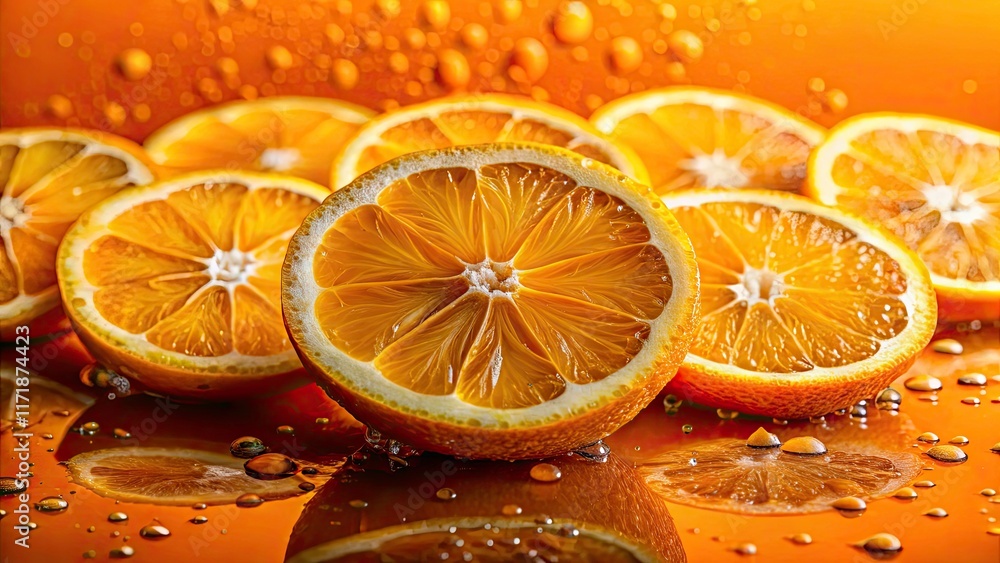 Water droplet backdrop highlights zesty orange slice; ideal for text overlays. Water droplet backdrop highlights zesty orange slice; ideal for text overlays.