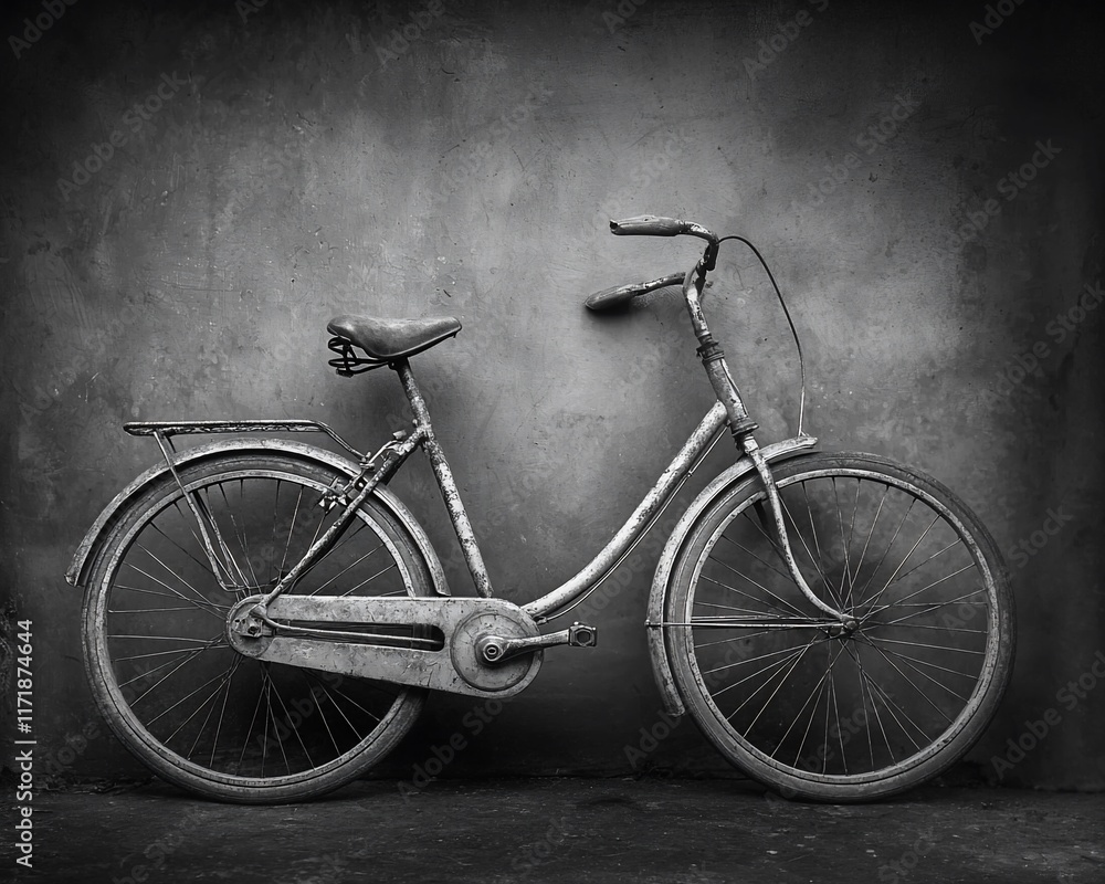 Obraz premium Rusty vintage bicycle leaning against a grunge wall.