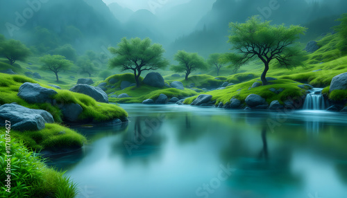 Serene Mountain Lake Landscape: A Misty Morning in a Picturesque Valley