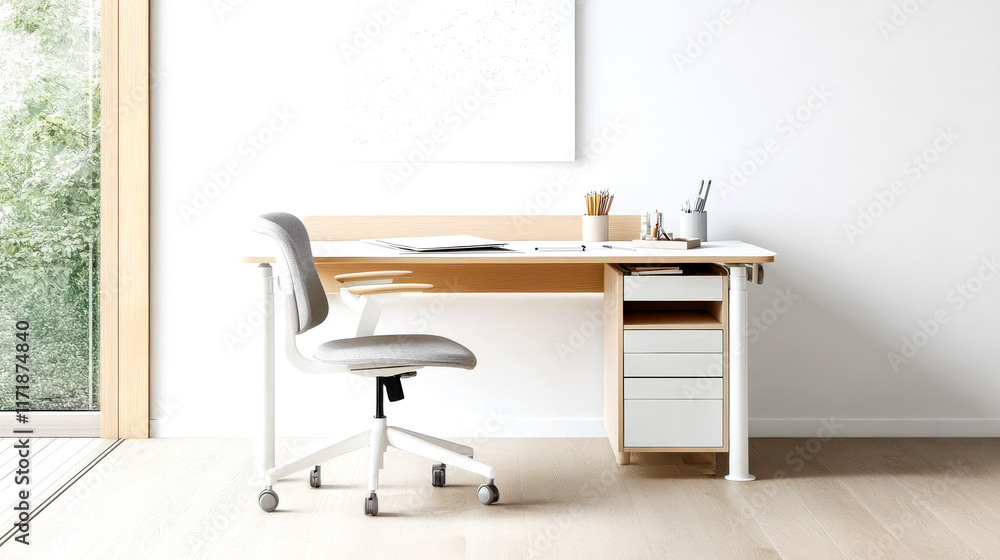 A bright, minimalist workspace featuring a wooden desk, ergonomic chair, and natural light streaming through a large window.