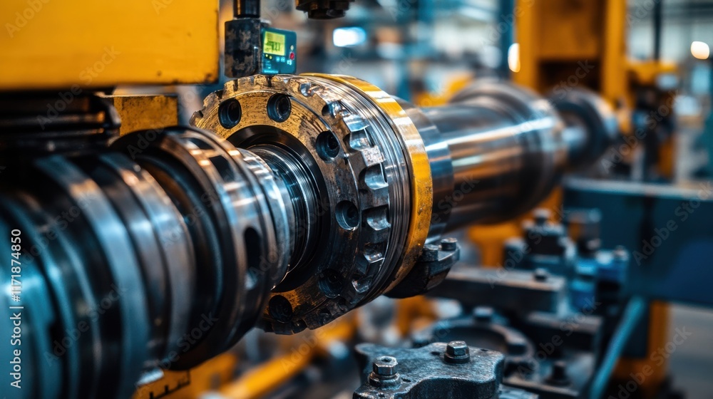 Rotating metal shaft is being processed by heavy machinery in a factory, showcasing industrial manufacturing processes and advanced technology Rotating metal shaft is being processed by heavy machinery in a factory, showcasing industrial manufacturing processes and advanced technology
