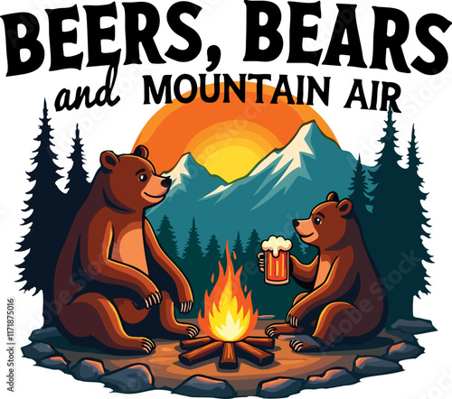 Beers, Bears, and Mountain Air - Cozy Campfire Scene with Cartoon Bears in Nature