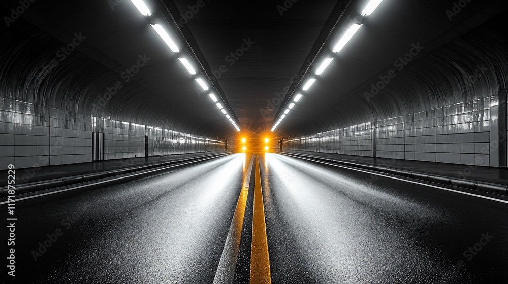 Illuminated tunnel road at night.