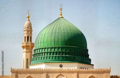 Large green dome, beige minaret of mosque in Medina Saudi Arabia. Religious building architecture. Islamic landmark. Clear sky. Peaceful scene. Historical monument. Cultural site. Tourism attraction.