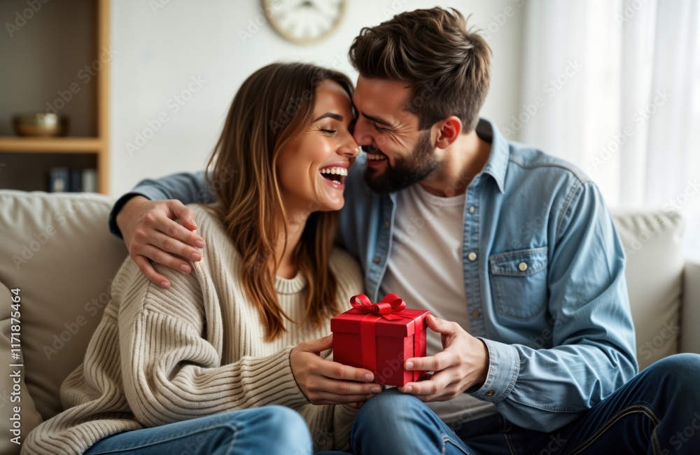 Happy couple bonding at home. Man gives surprise gift to woman on sofa. Romantic moment, cheerful expression, affectionate touch. Casual attire, interior setting, suggests fun celebration. Likely Happy couple bonding at home. Man gives surprise gift to woman on sofa. Romantic moment, cheerful expression, affectionate touch. Casual attire, interior setting, suggests fun celebration. Likely
