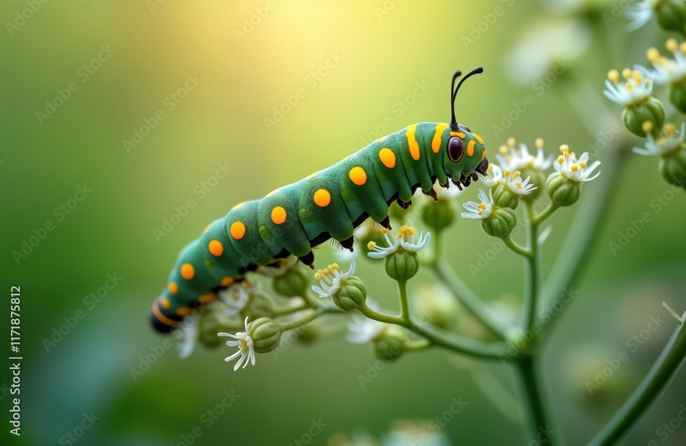 Green with yellow spots crawls on forest plant with small white flowers. Closeup view of insect on summer day. Macro photo of nature detail. Larva of butterfly. Wildlife in garden. Metamorphosis Green with yellow spots crawls on forest plant with small white flowers. Closeup view of insect on summer day. Macro photo of nature detail. Larva of butterfly. Wildlife in garden. Metamorphosis