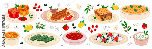 Set of greek cuisine, food, dishes. Pastitsio, moussaka, dolma, souvlaki, stifado, gemista, greek salad, tirokafteri sauce and tzatziki. Vector illustration