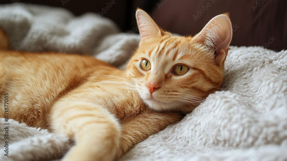 A relaxed ginger cat lying on a soft, cozy blanket. Perfect for themes related to pets, comfort, relaxation, and domestic life. A relaxed ginger cat lying on a soft, cozy blanket. Perfect for themes related to pets, comfort, relaxation, and domestic life.