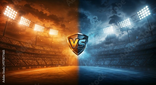 Vibrant cricket event template displaying a stunning stadium atmosphere, with bright lights and a central ‘VS’ logo, perfect for social media posts and marketing for cricket competitions.