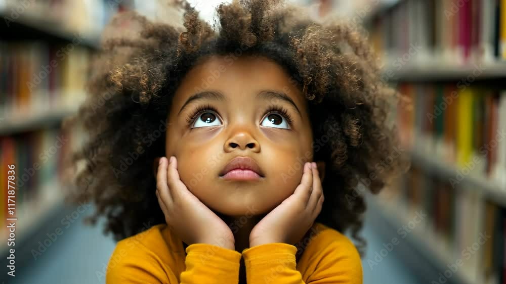 Young child with curly hair contemplating in a library surrounded by books and shelves during daytime Young child with curly hair contemplating in a library surrounded by books and shelves during daytime