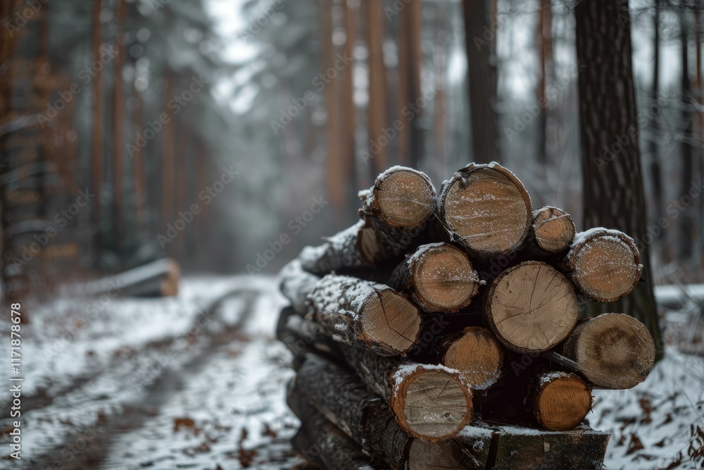 Stack of firewood covered with snow in snowy forest during winter Stack of firewood covered with snow in snowy forest during winter