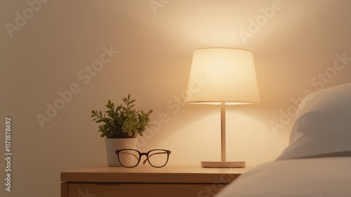 Cozy nightstand setup with a lamp, glasses, and a plant in a serene bedroom environment during evening hours.
