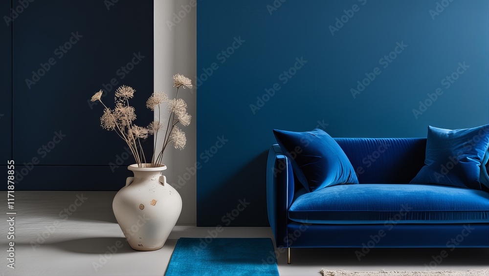 Fototapeta premium Stylowy salon z sofą w żywym niebieskim kolorze, ozdobnymi poduszkami, neutralnym wazonem z suszonymi kwiatami i minimalistycznym wystrojem.