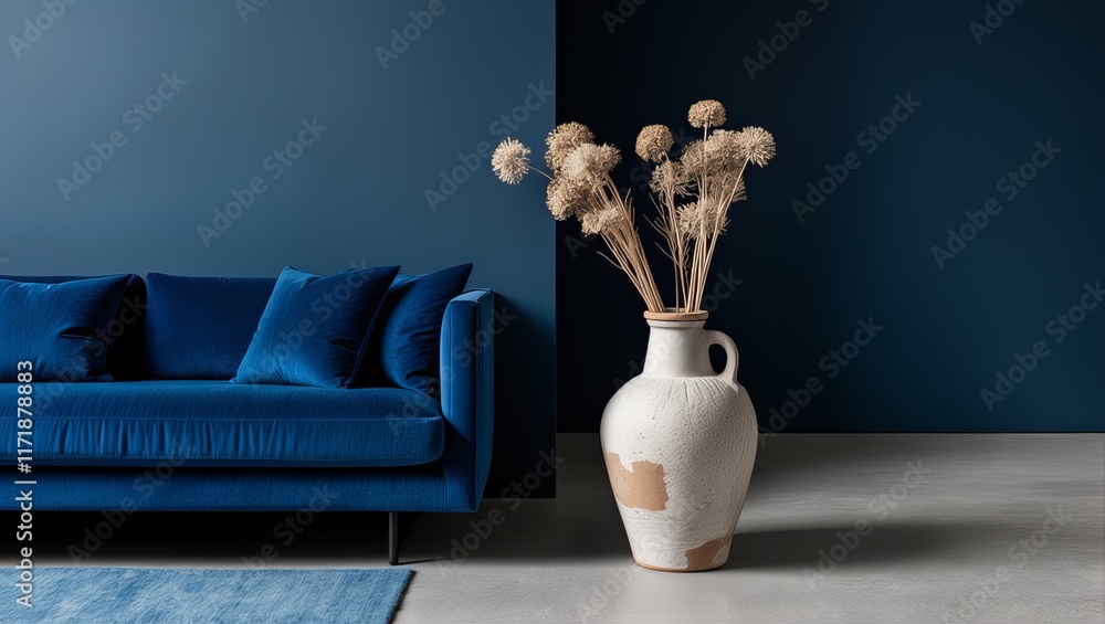 Fototapeta premium Stylowy salon z sofą w żywym niebieskim kolorze, ozdobnymi poduszkami, neutralnym wazonem z suszonymi kwiatami i minimalistycznym wystrojem.