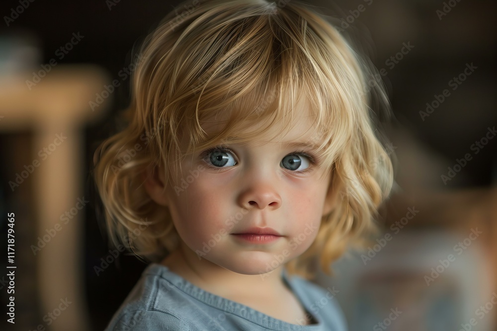 Headshot of a young child with captivating blue eyes and thoughtful expression Headshot of a young child with captivating blue eyes and thoughtful expression